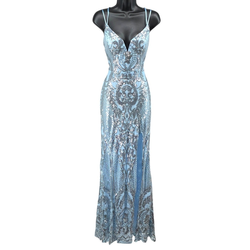 City Triangles Sky Silver Sequin Lace Up Back Prom Dress‎ Slit Gown 11
